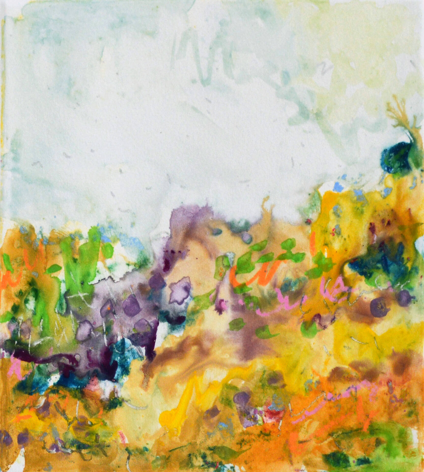 Colorful print that looks like watercolor in multiple colors along the bottom and light blue at the top.